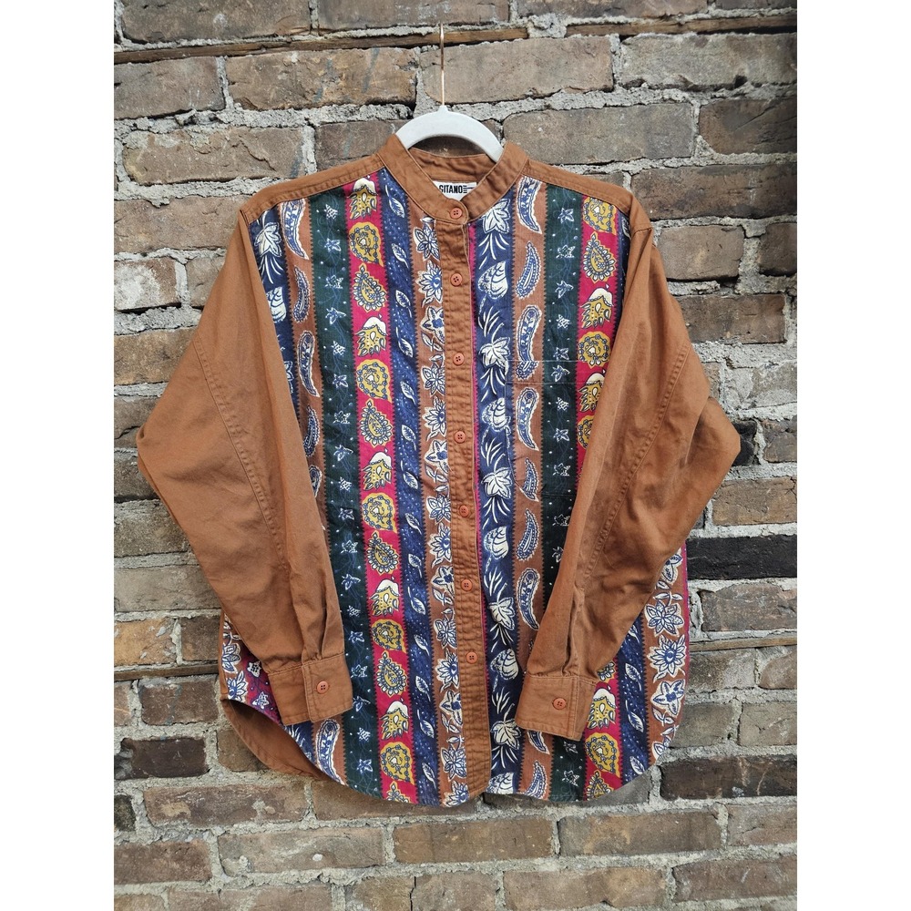 Vintage Gitano Shirt Mens‎ Small Paisley Band Collar Western Button Up 90s